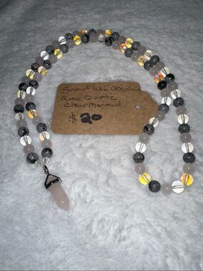Roses & Stormy Night Necklace (rose quartz,snowflake obsidian,clear mermaid)